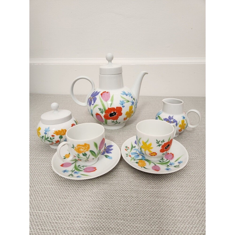 Heinrich Primavera Floral Teapot Set Creamer Sugar Bowl Cup Saucer Germany Small